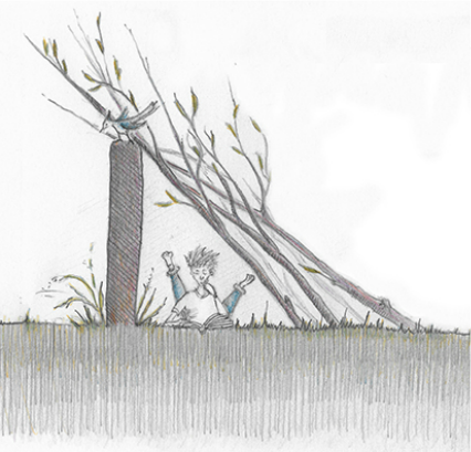 Sketch of a lean-to made of lovely branches leaned on a wall.  Pencil and colored pencil on paper.