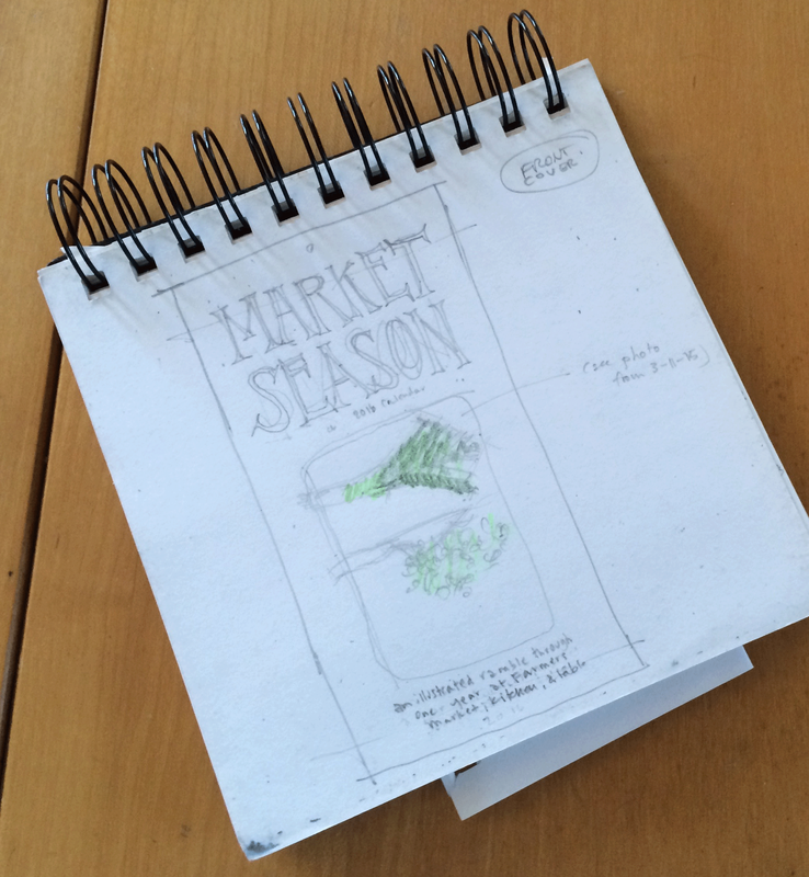 Photo of a sketchbook, showing a sketch of leeks and the design for a cover for a farmer's market calendar.