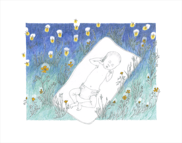 Drawing of a little baby in a field of poppies, with fireflies.  © 2015 Melinda Nettles|Lean2creativeworks