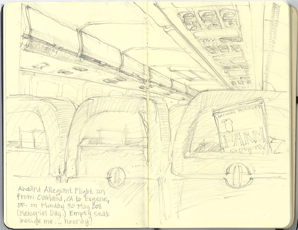 Sketch of airline cabin; Flight from Eugene, OR to Oakland, CA.  Pencil drawing in Moleskin sketchbook.  © Melinda Nettles 2011