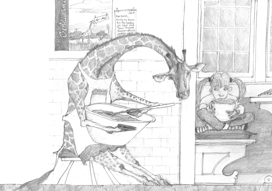 Lolo Giraffe. (Drawing of giraffe stirring pancake batter.  Graphite on paper, © Melinda Nettles 2014.)