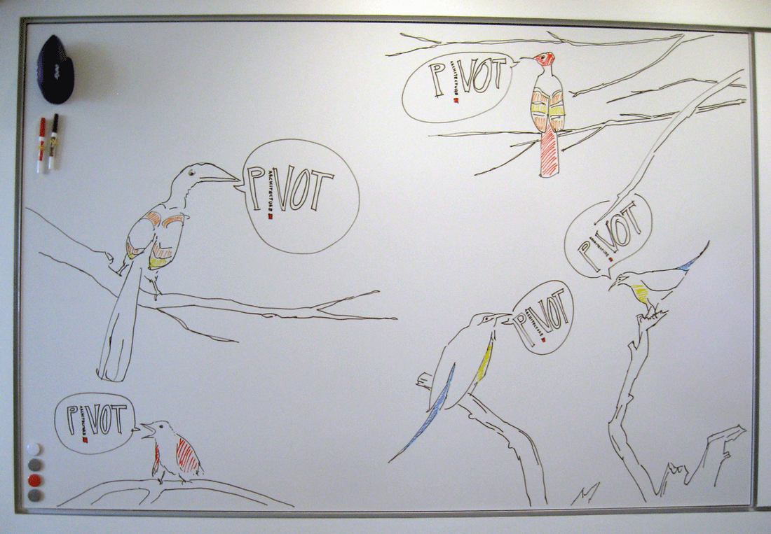 Drawing of birds.  Dry-erase marker on white board, 2012.
