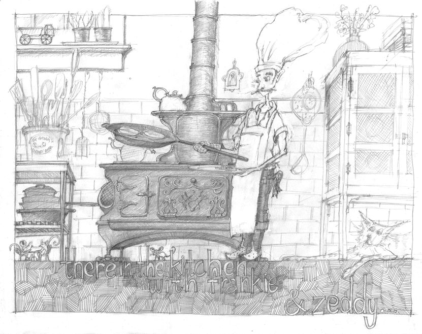 Drawing of cowboy chef with old iron stove.  © Melinda Nettles 2014