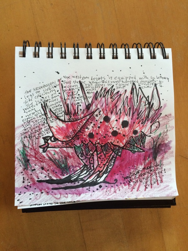 Sketch of pink monster, mixed media in sketchbook.  © Melinda Nettles 2016.