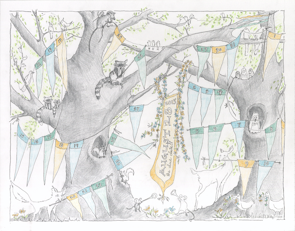 Pen, graphite, and colored pencil drawing of forest animals, including raccoons, a fox, squirrels, an owl, sundry birds, some ducks, a deer, some mice, and an opossum, amid banners and garlands hung from trees, awaiting a baby's arrival.