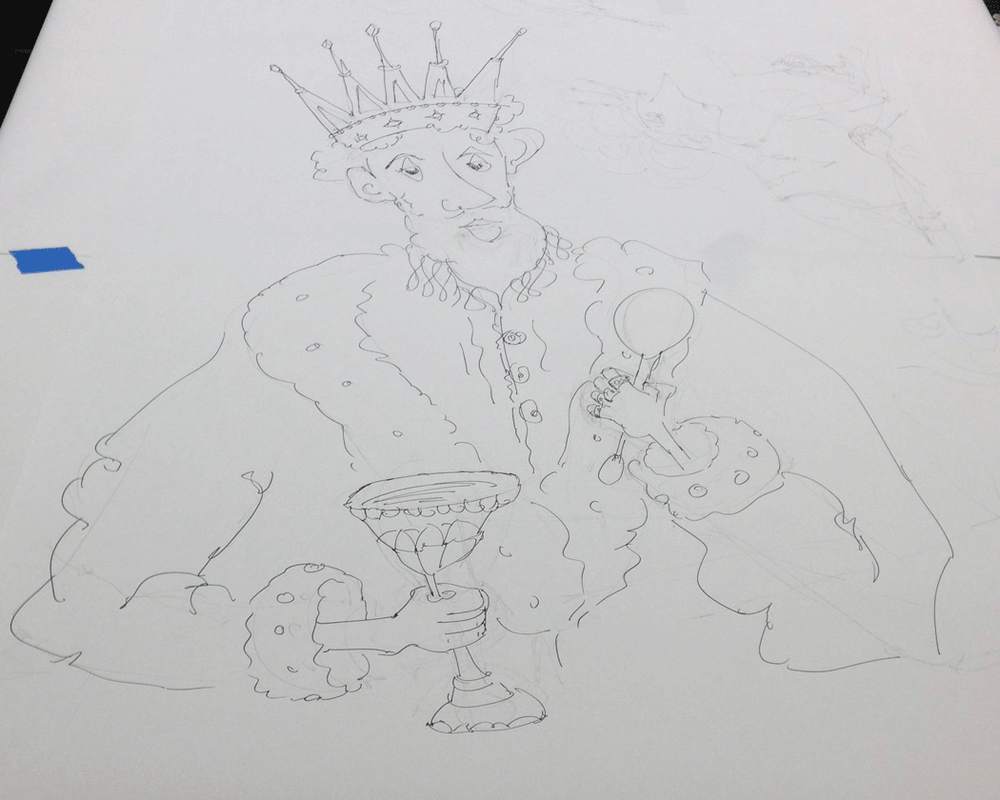 Drawing of the king at table.  Pen on paper. © Melinda Nettles 2015