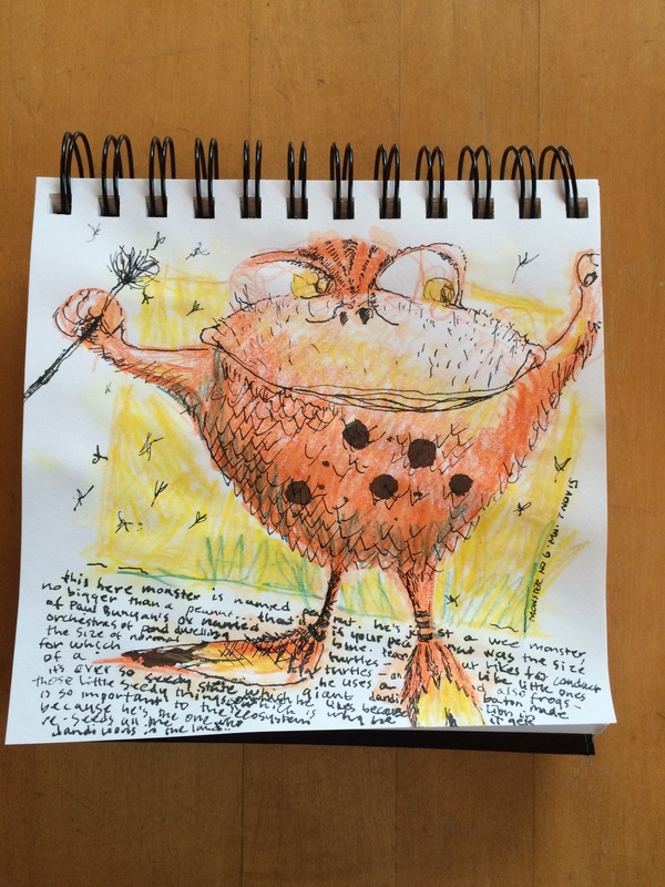 Sketch of orange monster.  Mixed media in sketchbook. © Melinda Nettles 